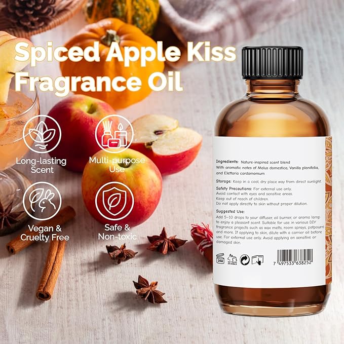 Spiced Apple Kiss Fragrance Oil 2 Oz, Natural Scent Oil for Home Essential Oils Diffuser, Candle Making, Soap Making, DIY Body Oils, Perfume, Body Mist, Spray - Spiced Cider Fall Scent