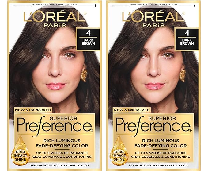 L'Oreal Paris Superior Preference Luminous Fade-Defying Permanent Hair Color, Hair Dye For Up to 9 Weeks of Radiance, Dark Brown 4, 1 Hair Dye Kit (Pack of 2)