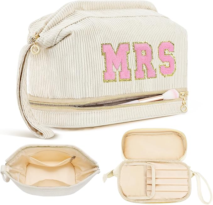 Makeup Bag for Girls Gift, Personalized Christmas Gifts Initial Women Makeup Bag for Travel, Double Layer Cosmetic Bag with Brush Organizer Preppy Make up Bag for Teen Girl Trendy - MRS