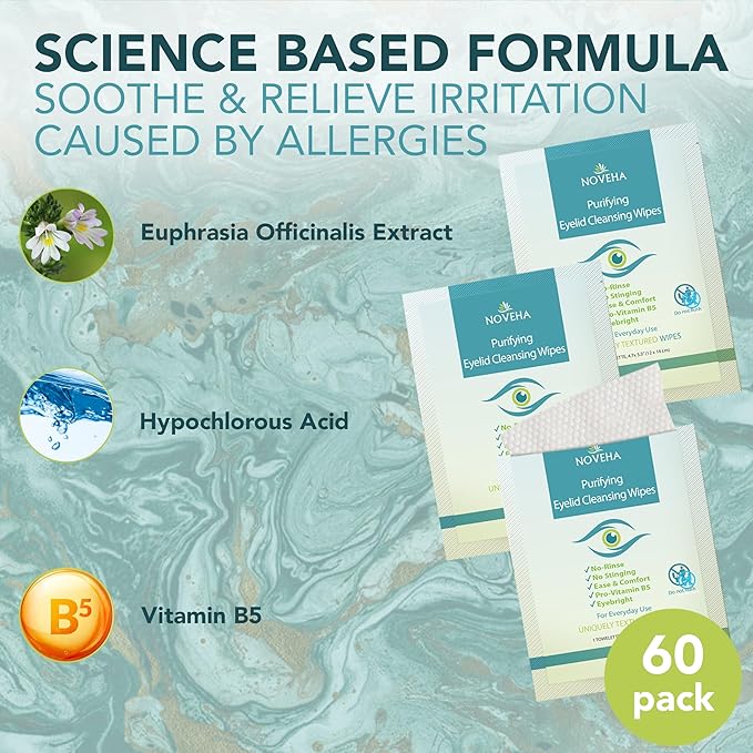 NOVEHA Eyelid & Lash Wipes | For Itchy, Dry Eyes, Styes & Blepharitis | lid and lash Cleansing Wipes, Hypoallergenic & Soothing For Sensitive Eyes, Pack of 60