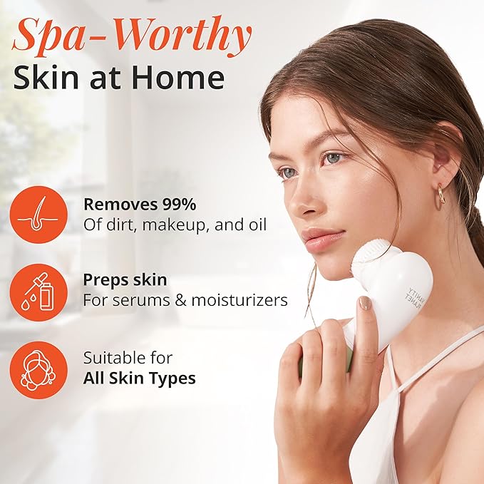 Raedia Handheld Facial Cleansing Brush with 4 Interchangeable Brush Heads by Vanity Planet - Lightweight Daily Cleansing Brush for Glowing Skin - Water Resistant Face Exfoliator - Warm Grey