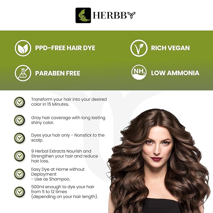 HERBBY Hair Color Shampoo for Gray Hair Coverage&Color Transform with 9 Herbal Extracts –Long Lasting(6-8 Weeks),Shiny,Evenly Colored,Instant Hair Dye Shampoo&Conditioner, 500 Ml (DARK BROWN COLOR)