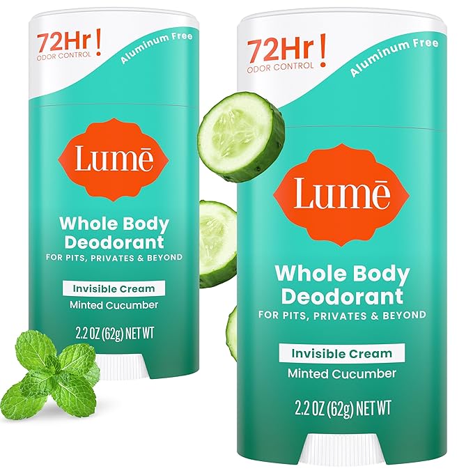 Lume Whole Body Deodorant - Invisible Cream Stick - 72 Hour Odor Control - Aluminum Free, Baking Soda Free, Skin Safe - 2.2 Ounce (Pack of 2) (Minted Cucumber)