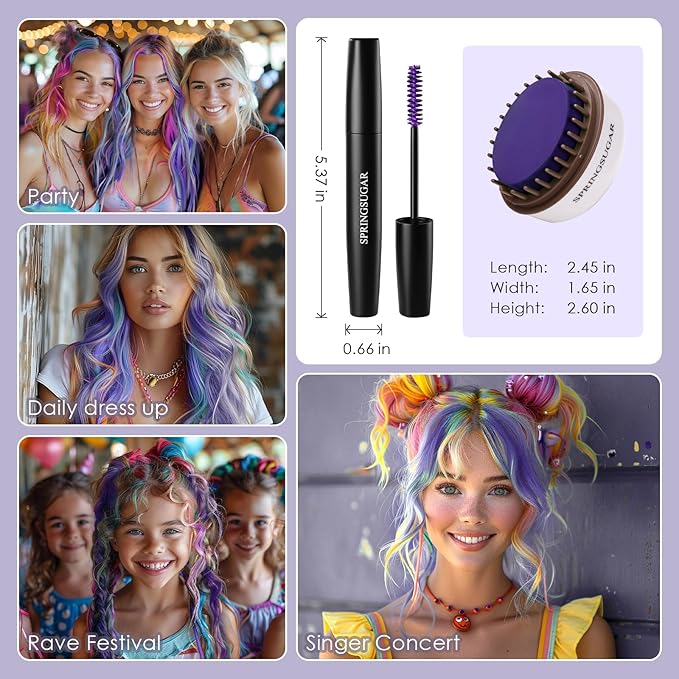 Purple Temporary Hair Chalk Color Comb + Washable Hair Mascara Dye for Girls Kids, Makeup Vibrant Dye Hair Colors for Halloween, Cosplay, Sporting Events, DIY Hair Parties Christmas