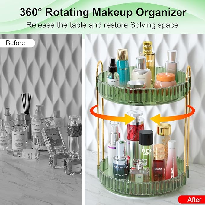 GTI 360°Rotating Makeup Organizer, 2 Tier Bathroom Counter Organizer,Large Capacity Perfume Cosmetics Skincare Vanity Organizers, Dresser Spinning Countertop Organizer and Storage for Women (Green)