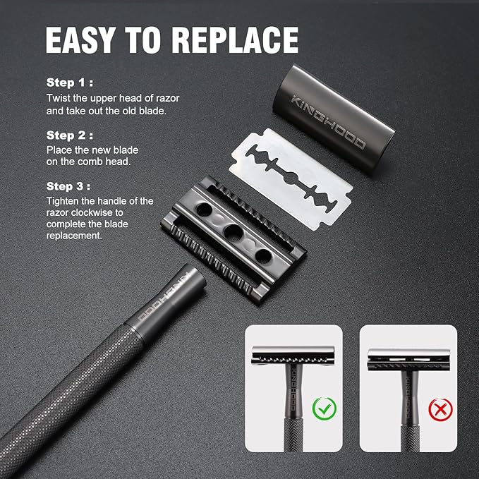 KINGHOOD Safety Razor - One Blade, Metal, Reusable, Double Edge, Closed Comb, Brass, Black