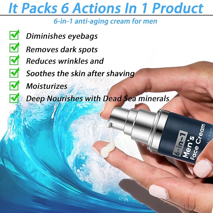 6-in-1 Face Cream for Men, Anti-Aging Moisturizer with Collagen, Hyaluronic Acid and Shea Butter, Reduces Wrinkles, Dark Circles and Puffiness, Men's Formula Daily Care 1.76 fl oz (1)