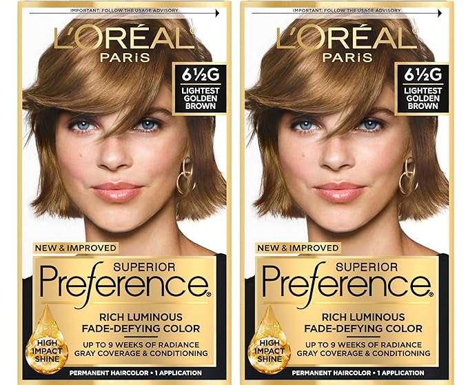 L'Oreal Paris Superior Preference Luminous Fade-Defying Permanent Hair Color, Hair Dye For Up to 9 Weeks of Radiance, Lightest Golden Brown 6.5G, 1 Hair Dye Kit (Pack of 2)
