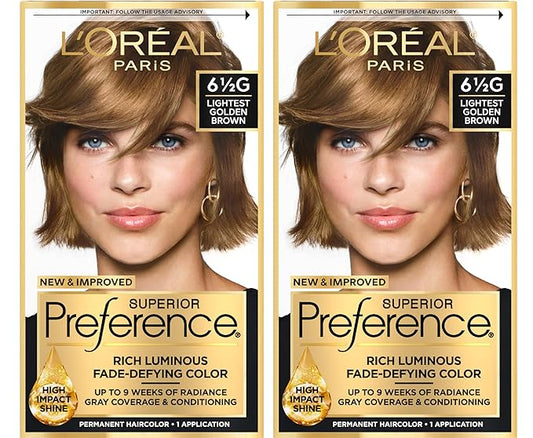 L'Oreal Paris Superior Preference Luminous Fade-Defying Permanent Hair Color, Hair Dye For Up to 9 Weeks of Radiance, Lightest Golden Brown 6.5G, 1 Hair Dye Kit (Pack of 2)