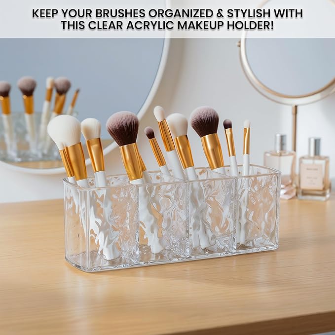 4 Slots Clear Acrylic Makeup Organizers | Multipurpose Acrylic Makeup Brush Holder, Clear Pencil Holder & Transparent Toothbrush Holder for Bathroom | Crystal Cosmetic Organizer Countertop for Women