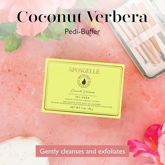 SPONGELLÉ Coconut Verbena Pedi-Buffer with Built-in Cleanser - Exfoliates, Softens & Smooths Feet for a Spa-Like Pedicure Experience, 30+ Uses