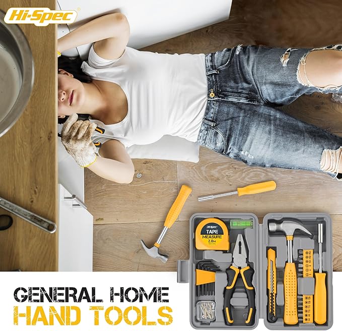 Hi-Spec Small Tool Box for Home and Office DIY, 25-Piece Yellow Mini Tool Kit Set for Basic Household Repairs in a Portable Toolbox Case.