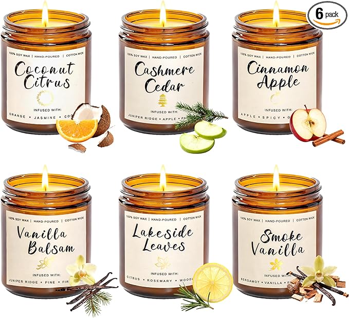 Holiday Candle Gift Set for Women – 6 Pack 7oz Winter Scented Soy Candles, Long Lasting Aromatherapy Christmas Gifts for Her, Perfect for Home Décor, Vanilla, Cinnamon & Cedar Scents