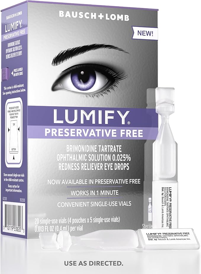 LUMIFY Preservative Free Eye Drops for Red Eyes, Redness Reliever for Sensitive Eye, Brighter and Whiter Looking Eyes, Works in 1 Minute & Lasts Up to 8 Hours, 20 Single-Use Vials