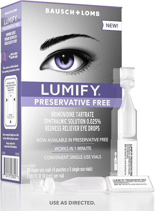 LUMIFY Preservative Free Eye Drops for Red Eyes, Redness Reliever for Sensitive Eye, Brighter and Whiter Looking Eyes, Works in 1 Minute & Lasts Up to 8 Hours, 20 Single-Use Vials