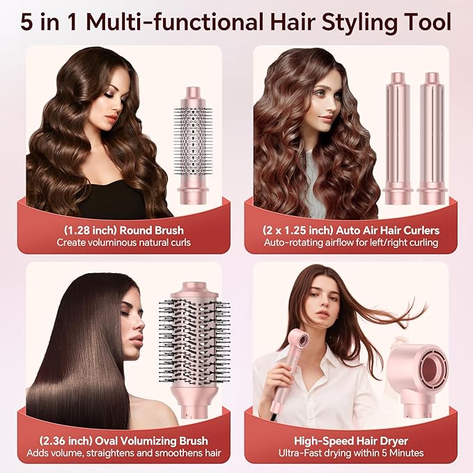 5 in 1 Hot Air Styler, Hair Dryer Brush with Auto Wrap Curler, 110,000 RPM High-Speed Blow Dryer Styler, Frizz-Free Styling for All Hair Types-Straight, Wavy & Curly, No Heat Damage, 1200W