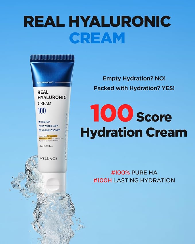 WELLAGE Real Hyaluronic Cream 100, Pure Hyaluronic Acid Korean Face Moisturizer with Ceramide Panthenol Squalane Vitamin B5 Niacinamide - Hydrating face moisturizer, Hypoallergenic, 2.7oz.