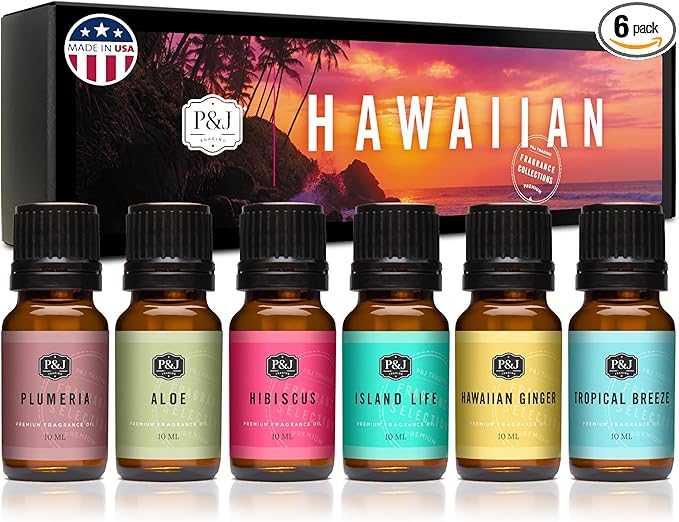 P&J Trading Fragrance Oil Hawaiian Set | Hibiscus, Island Life, Hawaiian Ginger, Tropical Breeze, Plumeria, Aloe Scents for Candle Making, Freshie, Soap Making Supplies, Diffuser Oil Scents