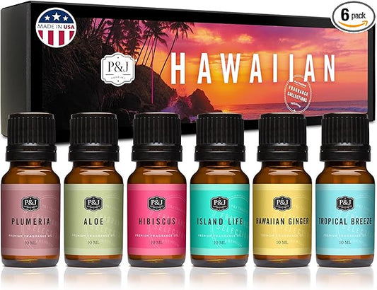 P&J Trading Fragrance Oil Hawaiian Set | Hibiscus, Island Life, Hawaiian Ginger, Tropical Breeze, Plumeria, Aloe Scents for Candle Making, Freshie, Soap Making Supplies, Diffuser Oil Scents