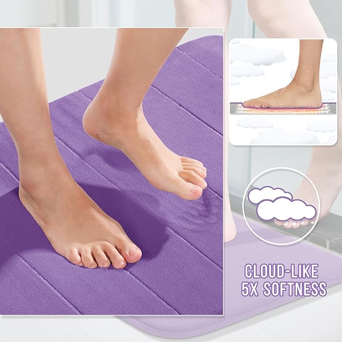 Yimobra Memory Foam Bath Mat, Super Soft Absorbent Bathroom Rug Non Slip, Quick Dry, Machine Washable Floor Carpet for Tub Shower, Home Decor Accessories, 24x17, Lavender