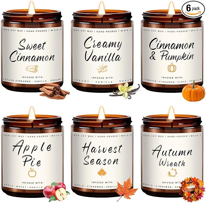 Auelife Fall Candles, 6 Pack Scented Candle Set, 42 oz Autumn Soy Candles for Home Scented, Fall Candle Gifts Set for Men and Women, Autumn Home Decor of Wreath/Apple/Latte/Harvest/Vanilla/Cinnamon