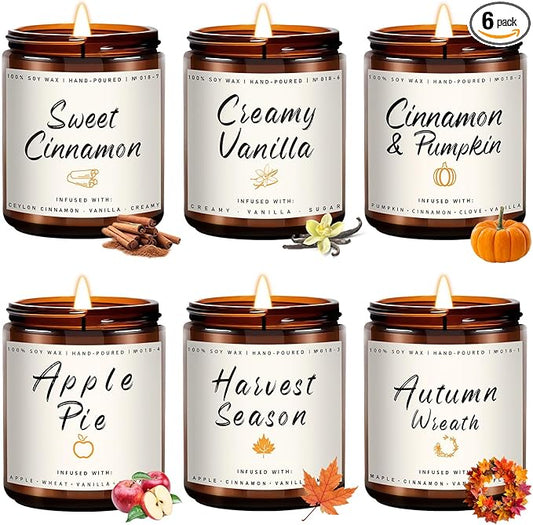 Auelife Fall Candles, 6 Pack Scented Candle Set, 42 oz Autumn Soy Candles for Home Scented, Fall Candle Gifts Set for Men and Women, Autumn Home Decor of Wreath/Apple/Latte/Harvest/Vanilla/Cinnamon