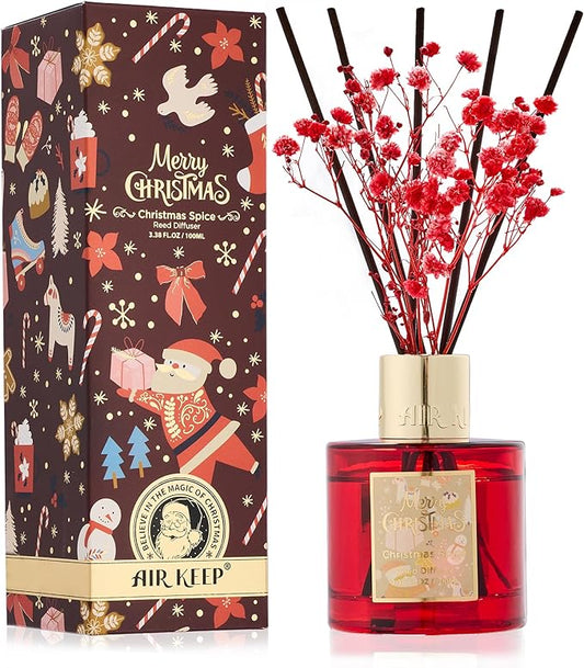 Airkeep Christmas Reed Diffuser Set - 3.38 fl oz (100 ml) Christmas Spice Oil for Home Fragrance, Bathroom Shelf Decor - Christmas Day with 8 Sticks