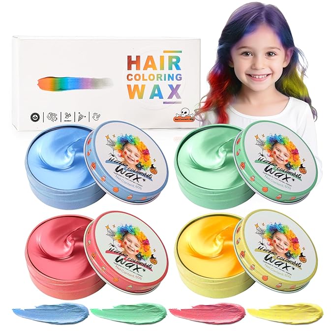 4 Colors Temporary Hair Color Wax for Kids, Blue Green Red Gold Hair Styling Mud, Washable Style Dye for Girl Boy Teens, DIY Instant Hair Coloring Gel Cream for Cosplay Halloween Children's Day
