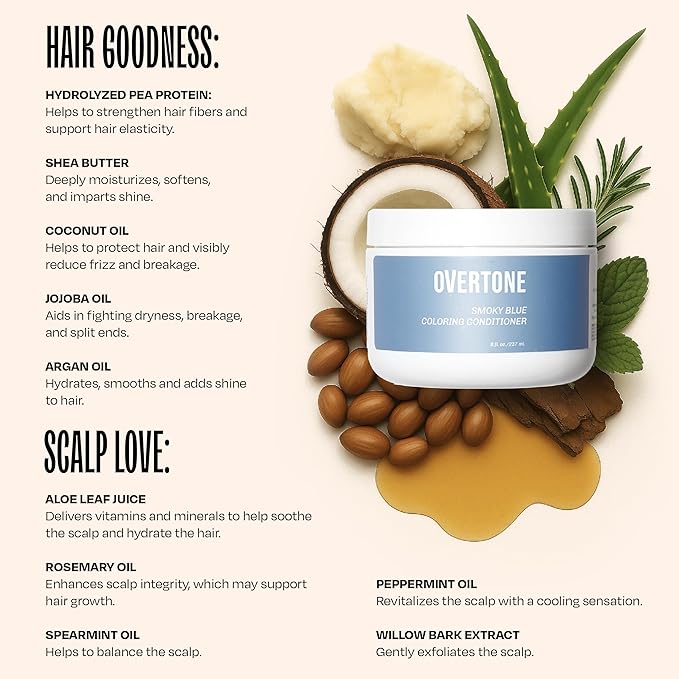 Overtone Semi Permanent Hair Color Conditioner, Smoky Sapphire, 8 oz, Nourishing, Damage-Free, Color Depositing Mask for All Hair Types with Shea Butter & Coconut Oil, Vegan & Cruelty-Free