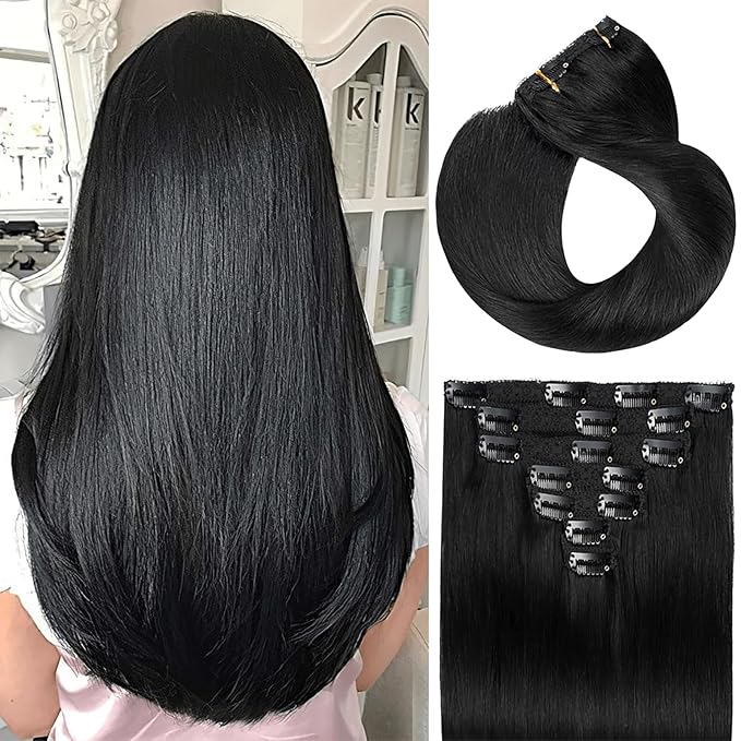 18" Clip in Human Hair Extensions Full Head 150g 7 Pieces 16 Clips Jet Black Double Weft Brazilian Real Remy Hair Extensions Thick Straight Silky (18",150g 1#)