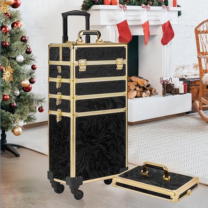 Rolling Makeup Case, Makeup Train Case with Lid, 5 in 1 Cosmetology Case on Wheels, Christmas Gift, Large Makeup Organizers, Profesional Cosmetic Case for Salon Barber, Pattern Black Gold