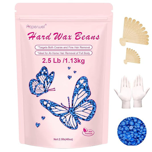 Wax Beads for Sensitive Skin Hair Removal - 2.5lb Hard Wax Pearls with 20 Sticks for Brazilian, Bikini, Back, and Chest, Painless Refill for Waxing Kit (Chamomile)