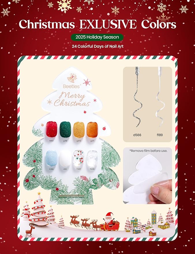 beetles Gel Polish Merry Glitzmas 2025 Christmas Advent Calendar – 24 Days Christmas Countdown Nail Art Set with Mini LED Nail Lamp Base Top Coat and Festive Holiday Surprises Gifts for Women Girls
