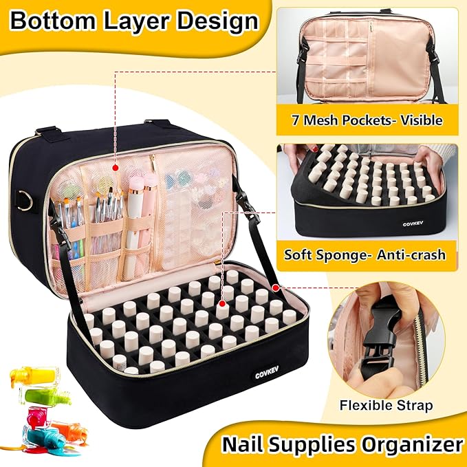 Nail Polish Organizer Hold 80 Bottles (15ml/0.5 fl.oz)& Nail Lamp, Double Layer Nail Bag Organizer Case with Handle, Large Nail Supplies& Kit Storage Case for Women Travel (Black& Golden)