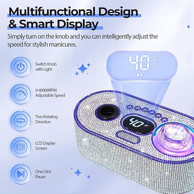 Electric Nail Drill Professional: Shiny 40000RPM Electric Nail File Kit E File Nail Drill Machine with LCD Display for Acrylic Gel, Manicure Pedicure Polishing Grinder for Salon Home, Diamond