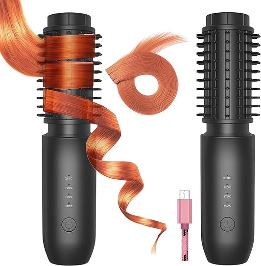 2-in-1 Cordless Curling Iron & Straightener Brush,Heated Hair Styler with Needle Teeth Comb,USB-C Rechargeable,4 Temp,200M Ionic (Black)