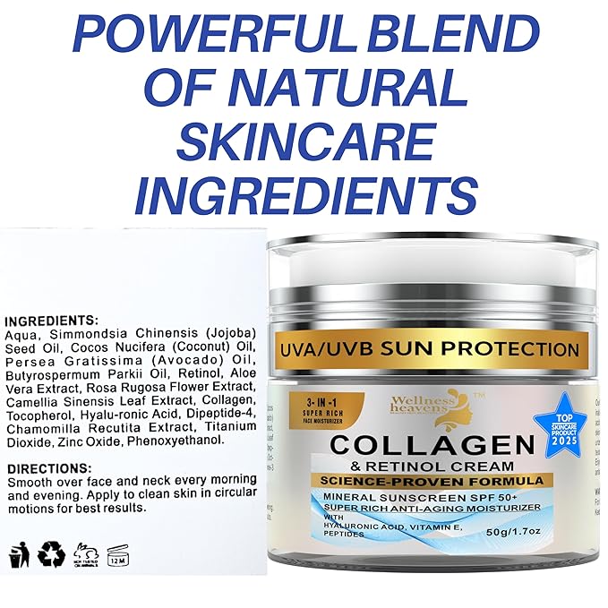 Face Moisturizer with SPF | Sunscreen for Face | Collagen, Retinol, Hyaluronic Acid Cream | Age-Defying, Lift & Firm Cream | Lotion for Women | Collagen Peptides | Anti-Aging Moisturizer | 1.7oz