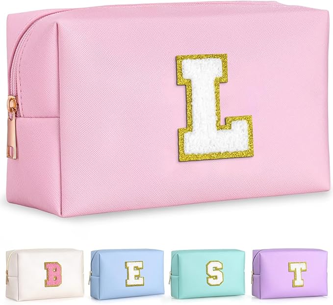 TOPEAST Preppy Pink Glitter Chenille Patch Travel Makeup Bag, 8.3in x 3.5in x 4.9in