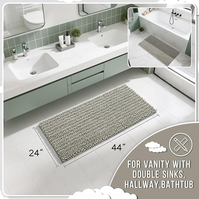 Yimobra Long Bathroom Rugs Non Slip Washable 44x24 Inch - Ultra Soft Absorbent Chenille Bath Mat, Quick Dry Shaggy Floor Carpet for Tub Shower, Sand Home Decor Accessories