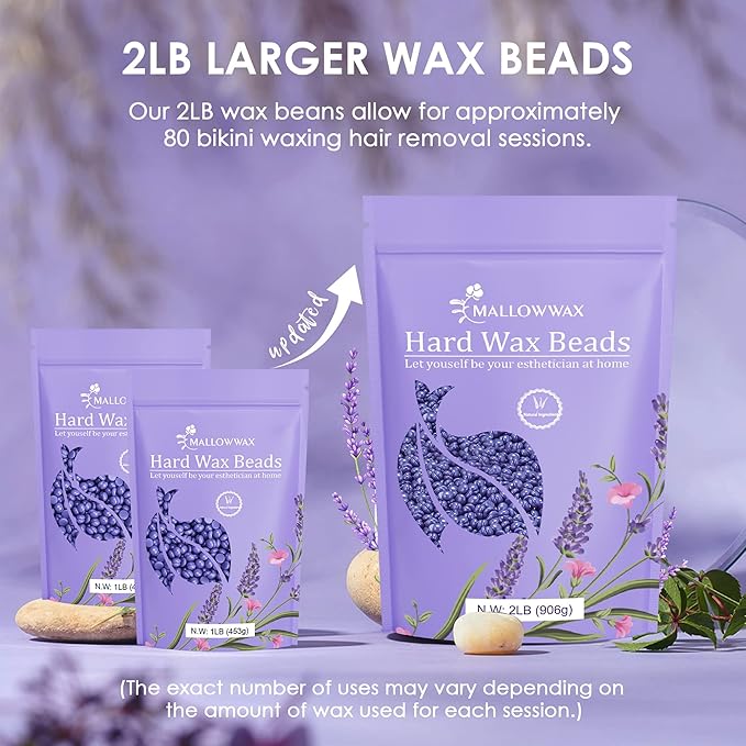 Lavender - Wax Beads for Hair Removal - Natural & Hypoallergenic Formula - Stripless Refillable 2LB - Ideal for At-Home Use and Sensitive Areas