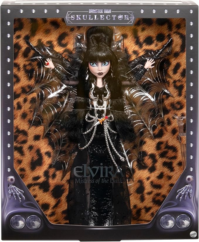 Monster High Doll, Elvira, Mistress of The Dark Collectible in Black Faux Leather Dress with Silvery Batwing Cape and Premium Accessories (Amazon Exclusive)