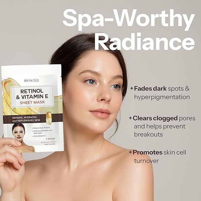Retinol & Vitamin E Sheet Mask - Anti-Aging, Acne Scar & Hyperpigmentation - Hydrating, Dermatologist Tested Korean Skincare - Clean Beauty, Cruelty-Free, All Skin Types - 5 Masks