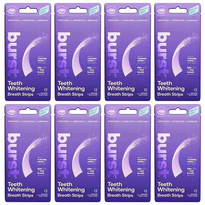 Burst Teeth Whitening Breath Strips (Polar Mint/8 Pack) | Kills 93% of Bad Mouth Germs | Up to 4 Shades Whiter in One Use | Easy to Apply/Quick Dissolving