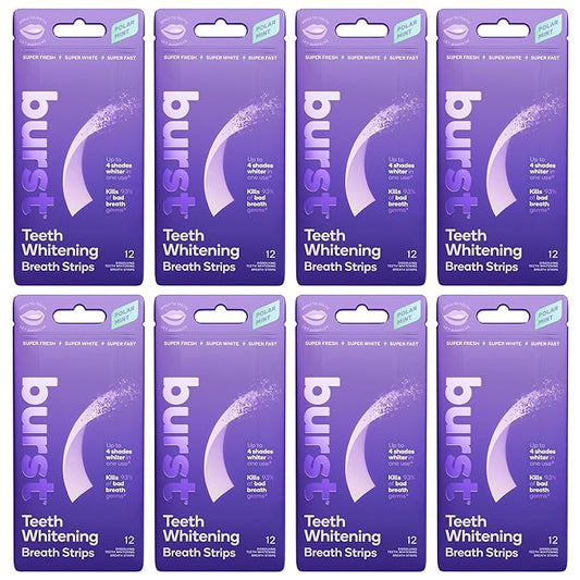 Burst Teeth Whitening Breath Strips (Polar Mint/8 Pack) | Kills 93% of Bad Mouth Germs | Up to 4 Shades Whiter in One Use | Easy to Apply/Quick Dissolving