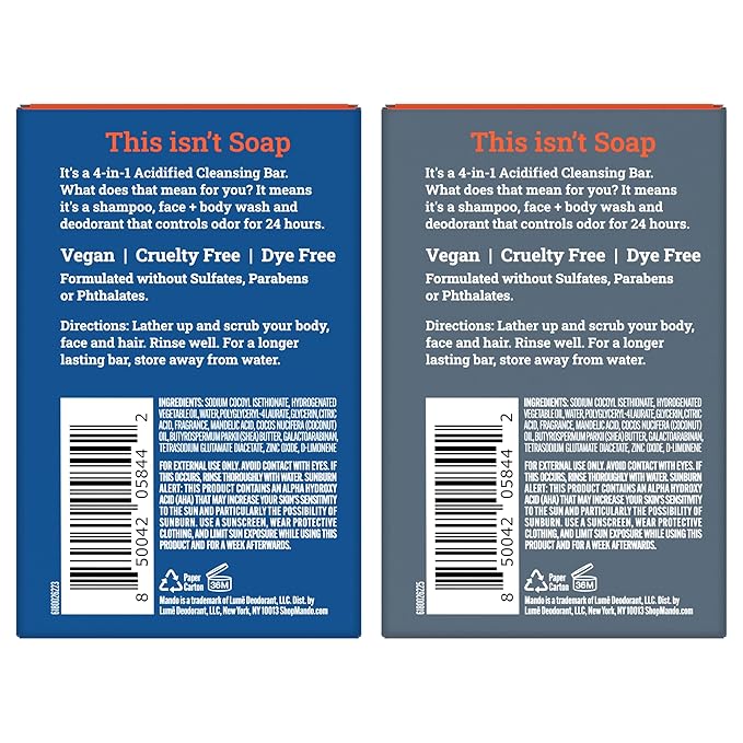 Mando 4-in-1 Acidified Cleansing Bar - 24-Hour Odor Control - Moisturizing Formula - Formulated without SLS and Parabens - Safe For Sensitive Skin - 5 ounces (Pack of 2) - Pro Sport & Mt Fuji