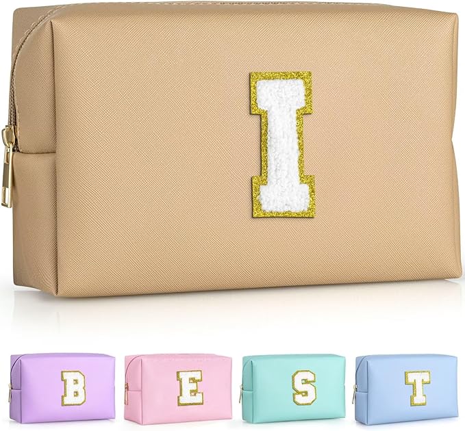TOPEAST Preppy Makeup Bag, Cute Makeup Pouch PU Leather Waterproof Cosmetic Bag, Personalized Birthday Gifts for Mom Teacher Friends Bridesmaids Nurse, Trendy Stuff for Girls (Khaki I)