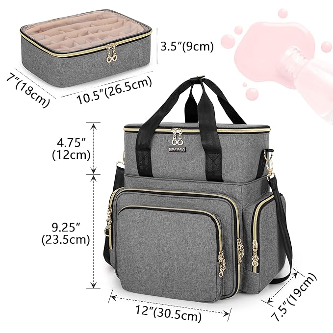 BAFASO Double Layer Nail Polish Organizer Holds 70 Bottles (15ml - 0.5 fl.oz) and a Nail Dryer, Nail Polish Case with 2 Removable Pouches and Tools Storage Sections (Patented), Gray