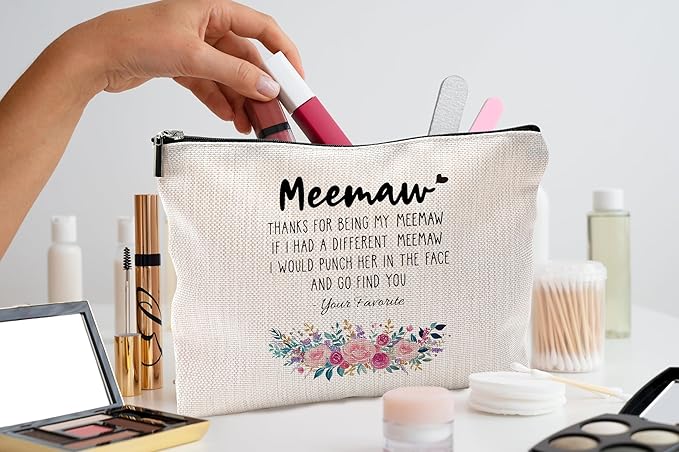 Funny Meemaw Gifts Makeup Cosmetic Bag - Memaw Mothers Day Gift, Memaw Grandma Gifts from Grandkids, Memaw Birthday Gifts, Best Grandma Gifts, Meemaw Floral Small Makeup Bag for Purse