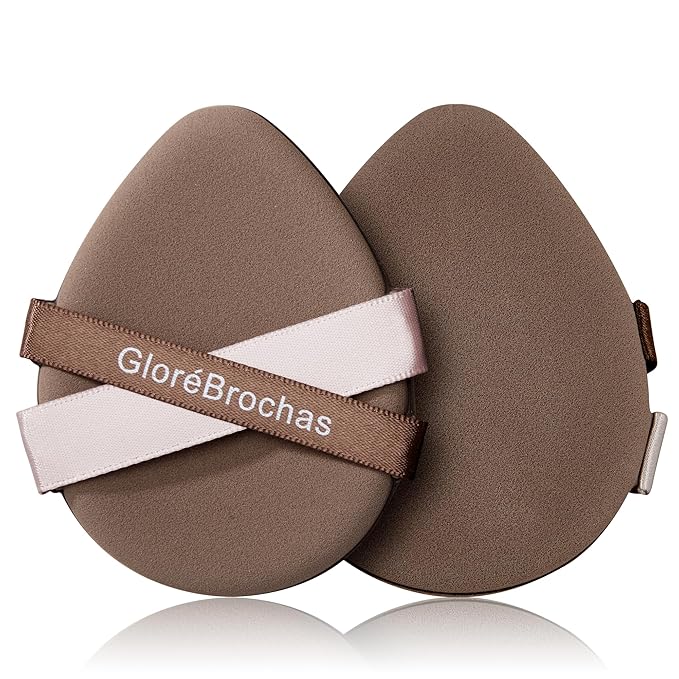 Makeup Sponge Set, GloréBrochas 2PCS Micro Porous Low Absorption Foundation Sponges, Latex-Free PU Makeup Puff, 3.2inches Soft Dual-Sided Powder Puff for Face Powder, Brown