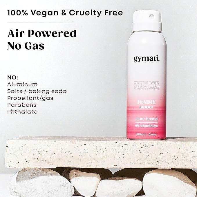 Gymati - Fitness Deodorant Spray for Women - Aluminum-Free - All Day Ultimate Odor Protection - Built For Sweat - Air-Powered - Vegan & Plant-Based - Made in USA - Femme - 3.4oz Travel Size